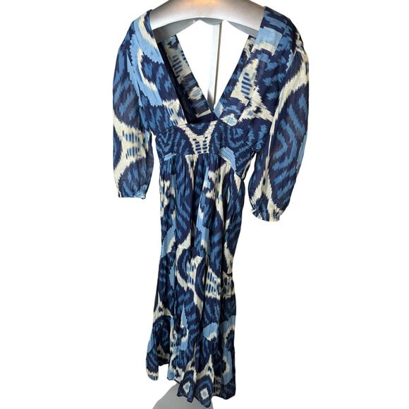 Love The Label Elise Boho Indie Printed Midi Dress Puff Sleeve Blue L - Picture 5 of 6